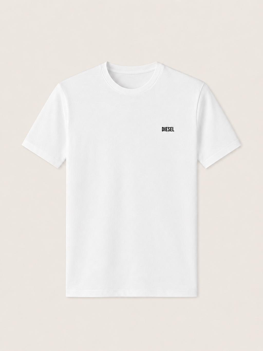 White t-shirt with a small logo on a beige background