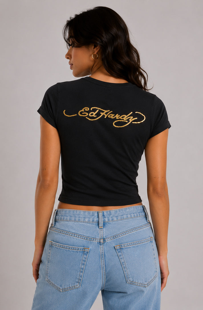 Tiger Head Heart Ed Hardy Fitted Tee - Black