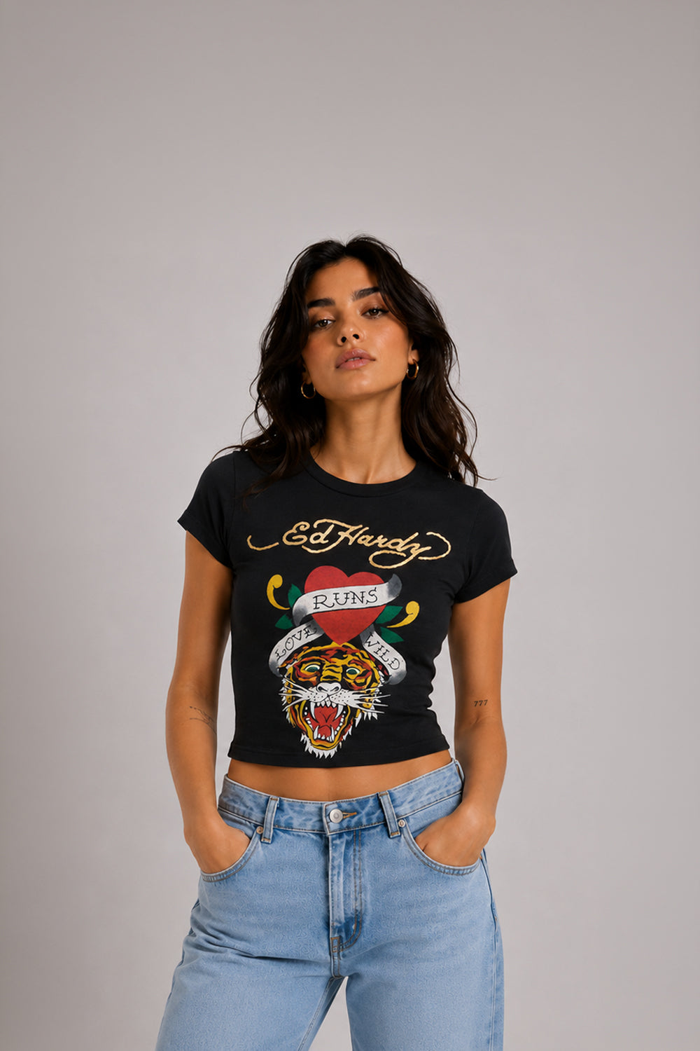 Tiger Head Heart Ed Hardy Fitted Tee - Black